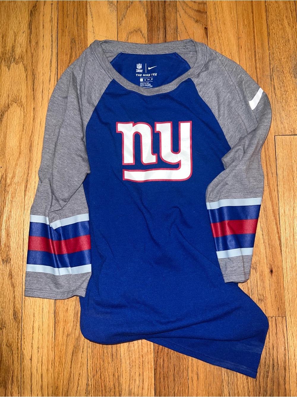Nike women’s NY Giants Royal Blue and Gray Raglan Tee with Red Accents